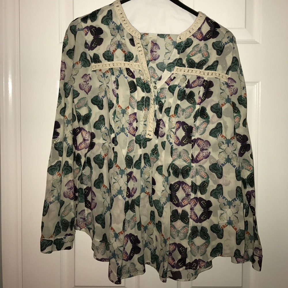 Anthropologie Cream Blouse with Green and Purple Butterfly Print